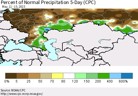 Russian Federation Percent of Normal Precipitation 5-Day (CPC) Thematic Map For 5/11/2023 - 5/15/2023