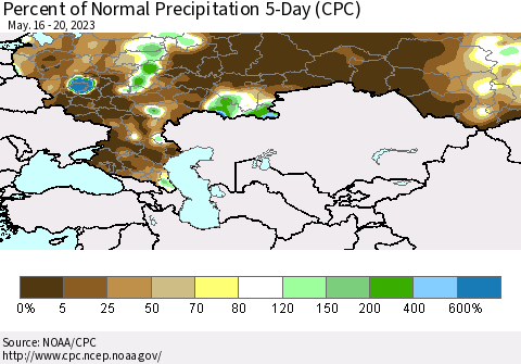 Russian Federation Percent of Normal Precipitation 5-Day (CPC) Thematic Map For 5/16/2023 - 5/20/2023