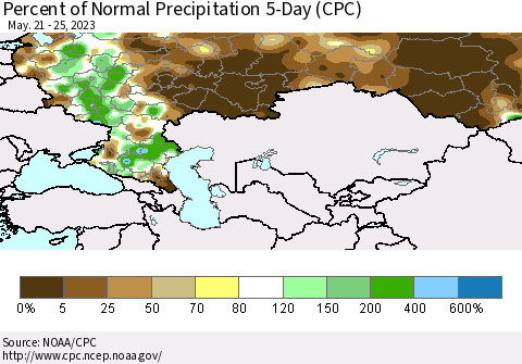 Russian Federation Percent of Normal Precipitation 5-Day (CPC) Thematic Map For 5/21/2023 - 5/25/2023
