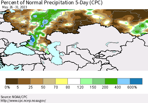 Russian Federation Percent of Normal Precipitation 5-Day (CPC) Thematic Map For 5/26/2023 - 5/31/2023