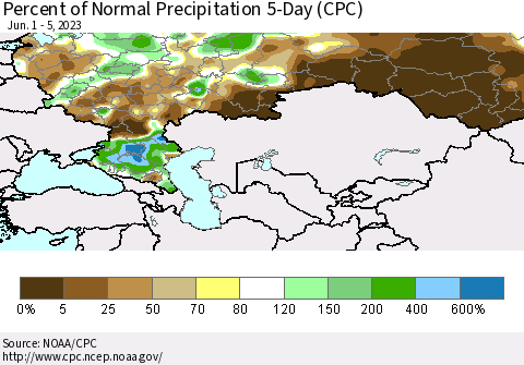 Russian Federation Percent of Normal Precipitation 5-Day (CPC) Thematic Map For 6/1/2023 - 6/5/2023