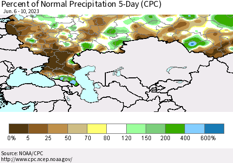 Russian Federation Percent of Normal Precipitation 5-Day (CPC) Thematic Map For 6/6/2023 - 6/10/2023