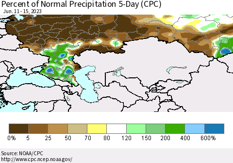 Russian Federation Percent of Normal Precipitation 5-Day (CPC) Thematic Map For 6/11/2023 - 6/15/2023