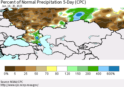 Russian Federation Percent of Normal Precipitation 5-Day (CPC) Thematic Map For 6/16/2023 - 6/20/2023