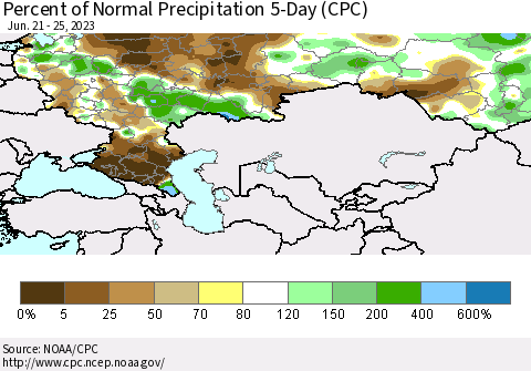 Russian Federation Percent of Normal Precipitation 5-Day (CPC) Thematic Map For 6/21/2023 - 6/25/2023