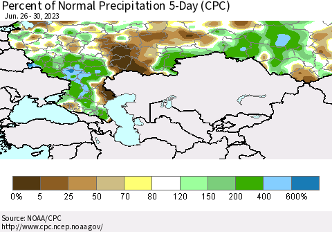 Russian Federation Percent of Normal Precipitation 5-Day (CPC) Thematic Map For 6/26/2023 - 6/30/2023