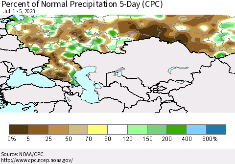 Russian Federation Percent of Normal Precipitation 5-Day (CPC) Thematic Map For 7/1/2023 - 7/5/2023