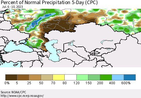 Russian Federation Percent of Normal Precipitation 5-Day (CPC) Thematic Map For 7/6/2023 - 7/10/2023
