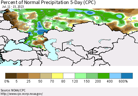 Russian Federation Percent of Normal Precipitation 5-Day (CPC) Thematic Map For 7/11/2023 - 7/15/2023