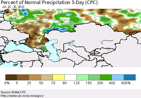 Russian Federation Percent of Normal Precipitation 5-Day (CPC) Thematic Map For 7/16/2023 - 7/20/2023