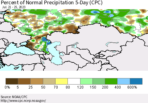 Russian Federation Percent of Normal Precipitation 5-Day (CPC) Thematic Map For 7/21/2023 - 7/25/2023