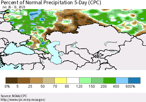 Russian Federation Percent of Normal Precipitation 5-Day (CPC) Thematic Map For 7/26/2023 - 7/31/2023