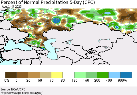 Russian Federation Percent of Normal Precipitation 5-Day (CPC) Thematic Map For 8/1/2023 - 8/5/2023