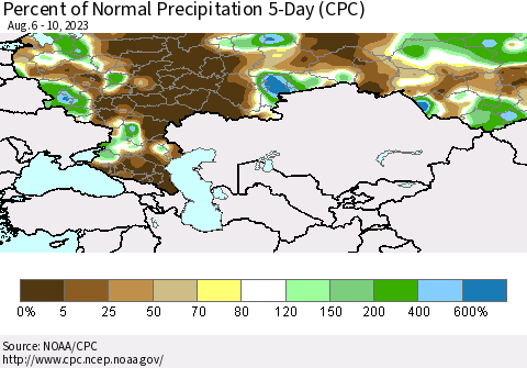 Russian Federation Percent of Normal Precipitation 5-Day (CPC) Thematic Map For 8/6/2023 - 8/10/2023