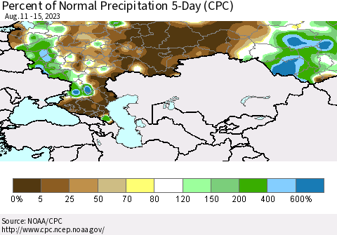 Russian Federation Percent of Normal Precipitation 5-Day (CPC) Thematic Map For 8/11/2023 - 8/15/2023