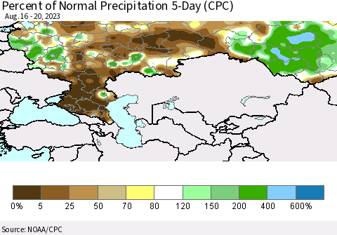 Russian Federation Percent of Normal Precipitation 5-Day (CPC) Thematic Map For 8/16/2023 - 8/20/2023
