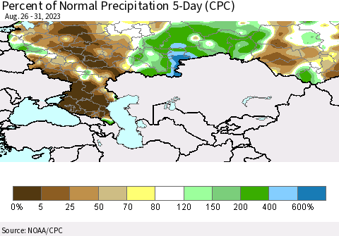 Russian Federation Percent of Normal Precipitation 5-Day (CPC) Thematic Map For 8/26/2023 - 8/31/2023