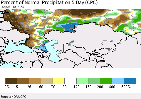 Russian Federation Percent of Normal Precipitation 5-Day (CPC) Thematic Map For 9/6/2023 - 9/10/2023