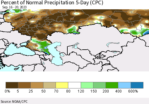 Russian Federation Percent of Normal Precipitation 5-Day (CPC) Thematic Map For 9/16/2023 - 9/20/2023