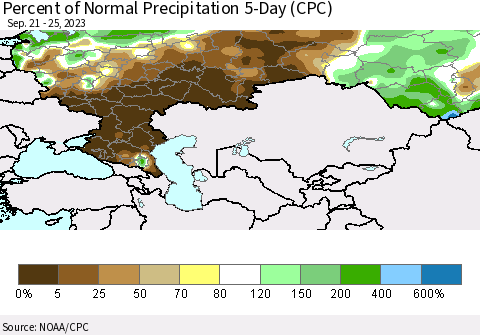 Russian Federation Percent of Normal Precipitation 5-Day (CPC) Thematic Map For 9/21/2023 - 9/25/2023
