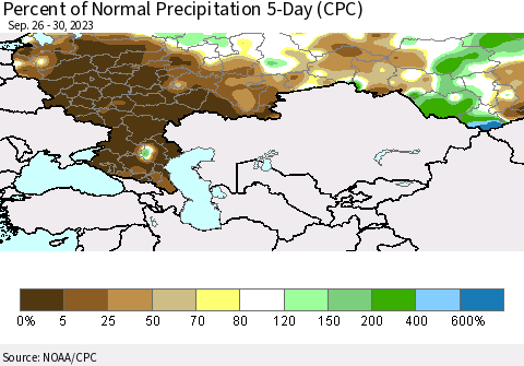 Russian Federation Percent of Normal Precipitation 5-Day (CPC) Thematic Map For 9/26/2023 - 9/30/2023