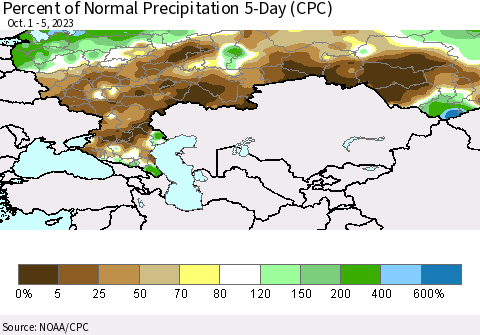 Russian Federation Percent of Normal Precipitation 5-Day (CPC) Thematic Map For 10/1/2023 - 10/5/2023
