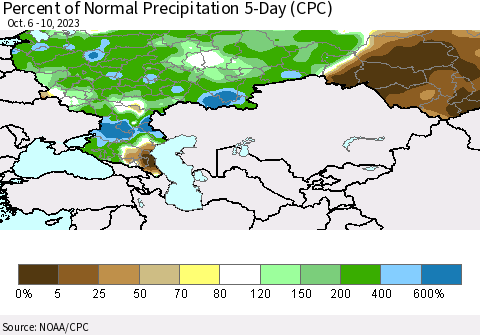 Russian Federation Percent of Normal Precipitation 5-Day (CPC) Thematic Map For 10/6/2023 - 10/10/2023