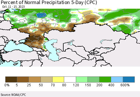 Russian Federation Percent of Normal Precipitation 5-Day (CPC) Thematic Map For 10/11/2023 - 10/15/2023