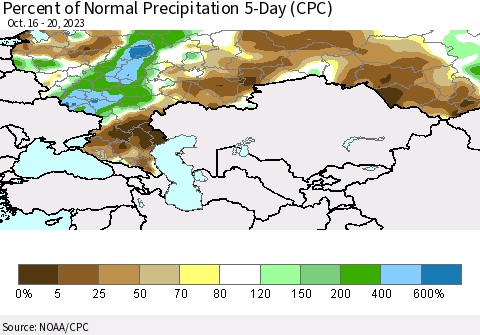 Russian Federation Percent of Normal Precipitation 5-Day (CPC) Thematic Map For 10/16/2023 - 10/20/2023