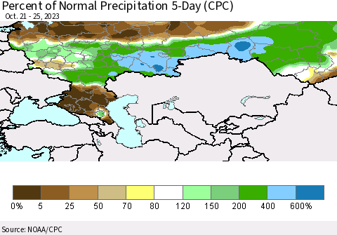 Russian Federation Percent of Normal Precipitation 5-Day (CPC) Thematic Map For 10/21/2023 - 10/25/2023