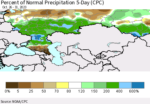 Russian Federation Percent of Normal Precipitation 5-Day (CPC) Thematic Map For 10/26/2023 - 10/31/2023