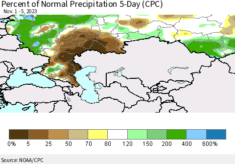 Russian Federation Percent of Normal Precipitation 5-Day (CPC) Thematic Map For 11/1/2023 - 11/5/2023