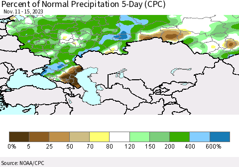 Russian Federation Percent of Normal Precipitation 5-Day (CPC) Thematic Map For 11/11/2023 - 11/15/2023