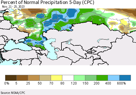 Russian Federation Percent of Normal Precipitation 5-Day (CPC) Thematic Map For 11/21/2023 - 11/25/2023
