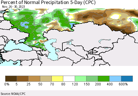 Russian Federation Percent of Normal Precipitation 5-Day (CPC) Thematic Map For 11/26/2023 - 11/30/2023