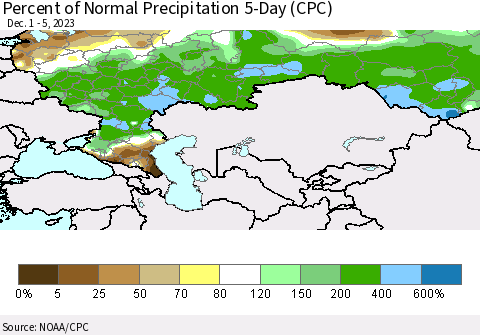 Russian Federation Percent of Normal Precipitation 5-Day (CPC) Thematic Map For 12/1/2023 - 12/5/2023