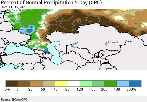 Russian Federation Percent of Normal Precipitation 5-Day (CPC) Thematic Map For 12/11/2023 - 12/15/2023