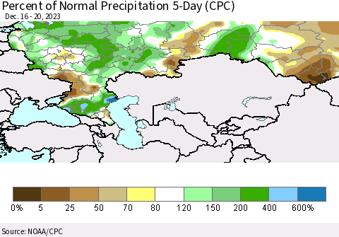 Russian Federation Percent of Normal Precipitation 5-Day (CPC) Thematic Map For 12/16/2023 - 12/20/2023
