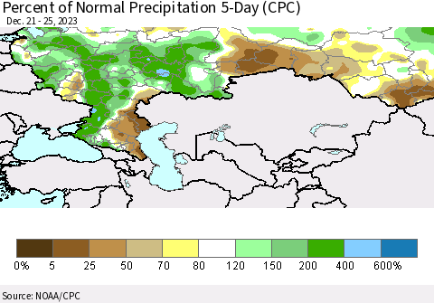 Russian Federation Percent of Normal Precipitation 5-Day (CPC) Thematic Map For 12/21/2023 - 12/25/2023