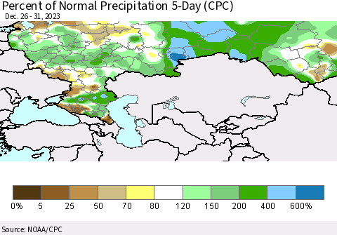 Russian Federation Percent of Normal Precipitation 5-Day (CPC) Thematic Map For 12/26/2023 - 12/31/2023