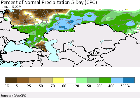 Russian Federation Percent of Normal Precipitation 5-Day (CPC) Thematic Map For 1/1/2024 - 1/5/2024