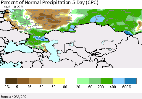 Russian Federation Percent of Normal Precipitation 5-Day (CPC) Thematic Map For 1/6/2024 - 1/10/2024