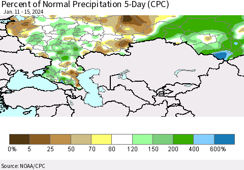 Russian Federation Percent of Normal Precipitation 5-Day (CPC) Thematic Map For 1/11/2024 - 1/15/2024