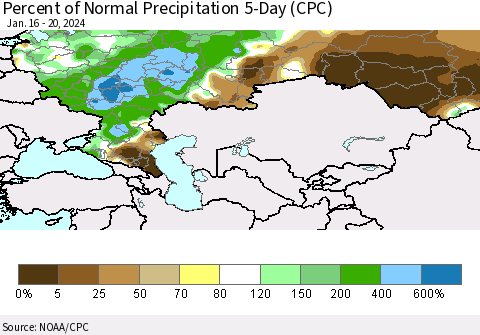 Russian Federation Percent of Normal Precipitation 5-Day (CPC) Thematic Map For 1/16/2024 - 1/20/2024