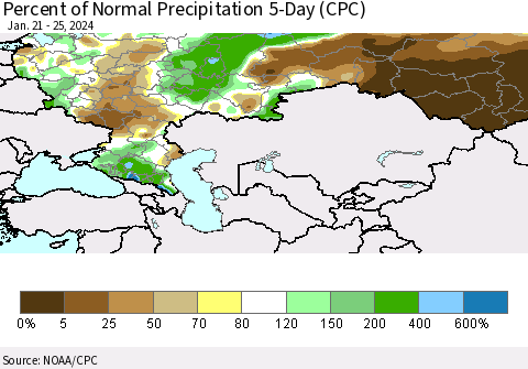 Russian Federation Percent of Normal Precipitation 5-Day (CPC) Thematic Map For 1/21/2024 - 1/25/2024