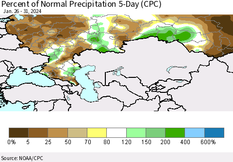 Russian Federation Percent of Normal Precipitation 5-Day (CPC) Thematic Map For 1/26/2024 - 1/31/2024