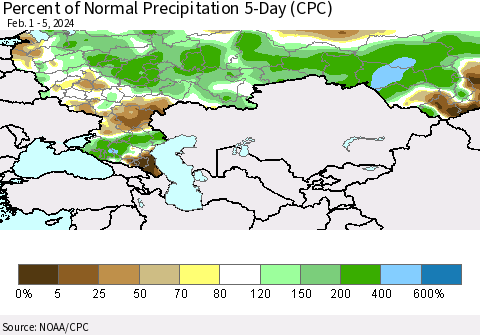Russian Federation Percent of Normal Precipitation 5-Day (CPC) Thematic Map For 2/1/2024 - 2/5/2024