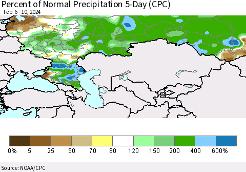 Russian Federation Percent of Normal Precipitation 5-Day (CPC) Thematic Map For 2/6/2024 - 2/10/2024