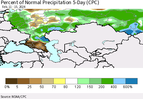 Russian Federation Percent of Normal Precipitation 5-Day (CPC) Thematic Map For 2/11/2024 - 2/15/2024