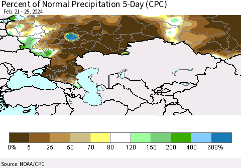 Russian Federation Percent of Normal Precipitation 5-Day (CPC) Thematic Map For 2/21/2024 - 2/25/2024